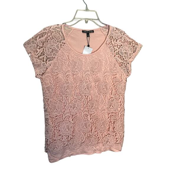 Cable & Gauge Floral Lace Top Short Sleeve Pullover Stretch Pink Size L NWT - Picture 1 of 4